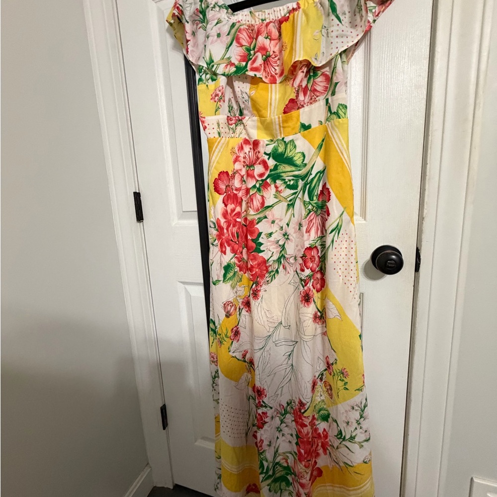 Floral Maxi Dress with Yellow and Red Accents Off the shoulder